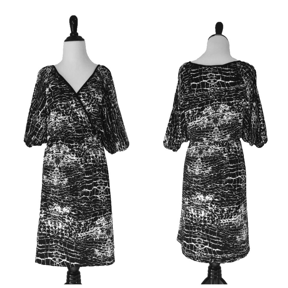 Faux Wrap Midi Dress XL 16 18 Black White V Neck Office Puff Sleeve Animal Print